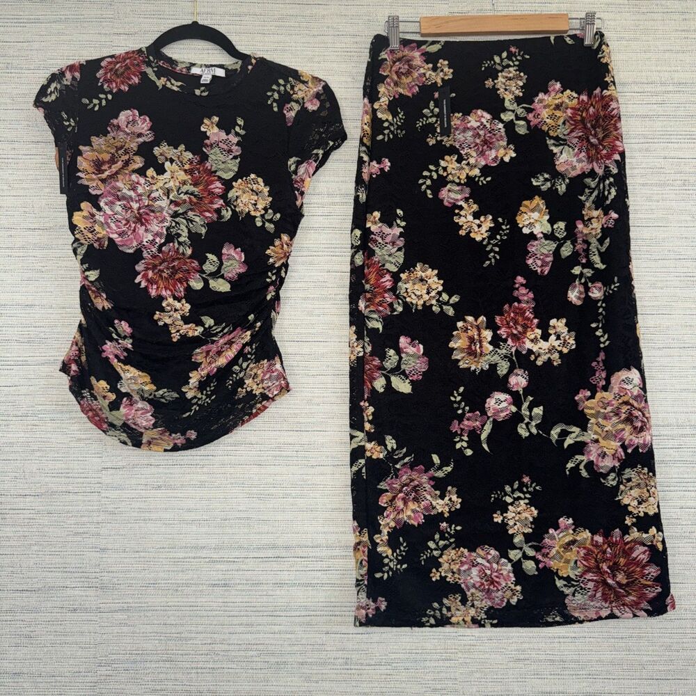 AFRM Los Angeles Matching Lace Skirt Set Black Floral Lacey Daisy Medium NWT